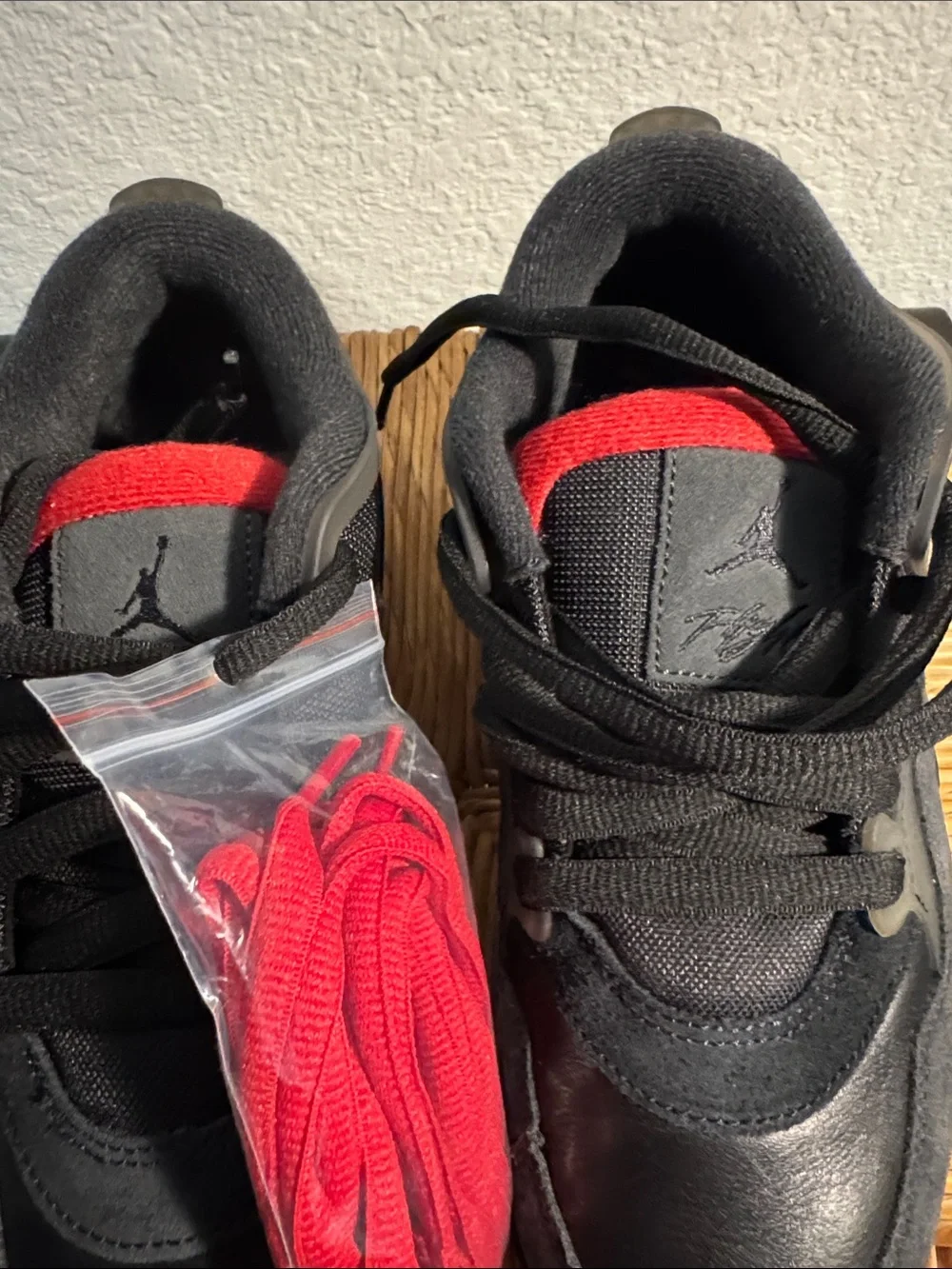 Jordan Men's Black Sneakers with Red Accents and Extra Red Laces